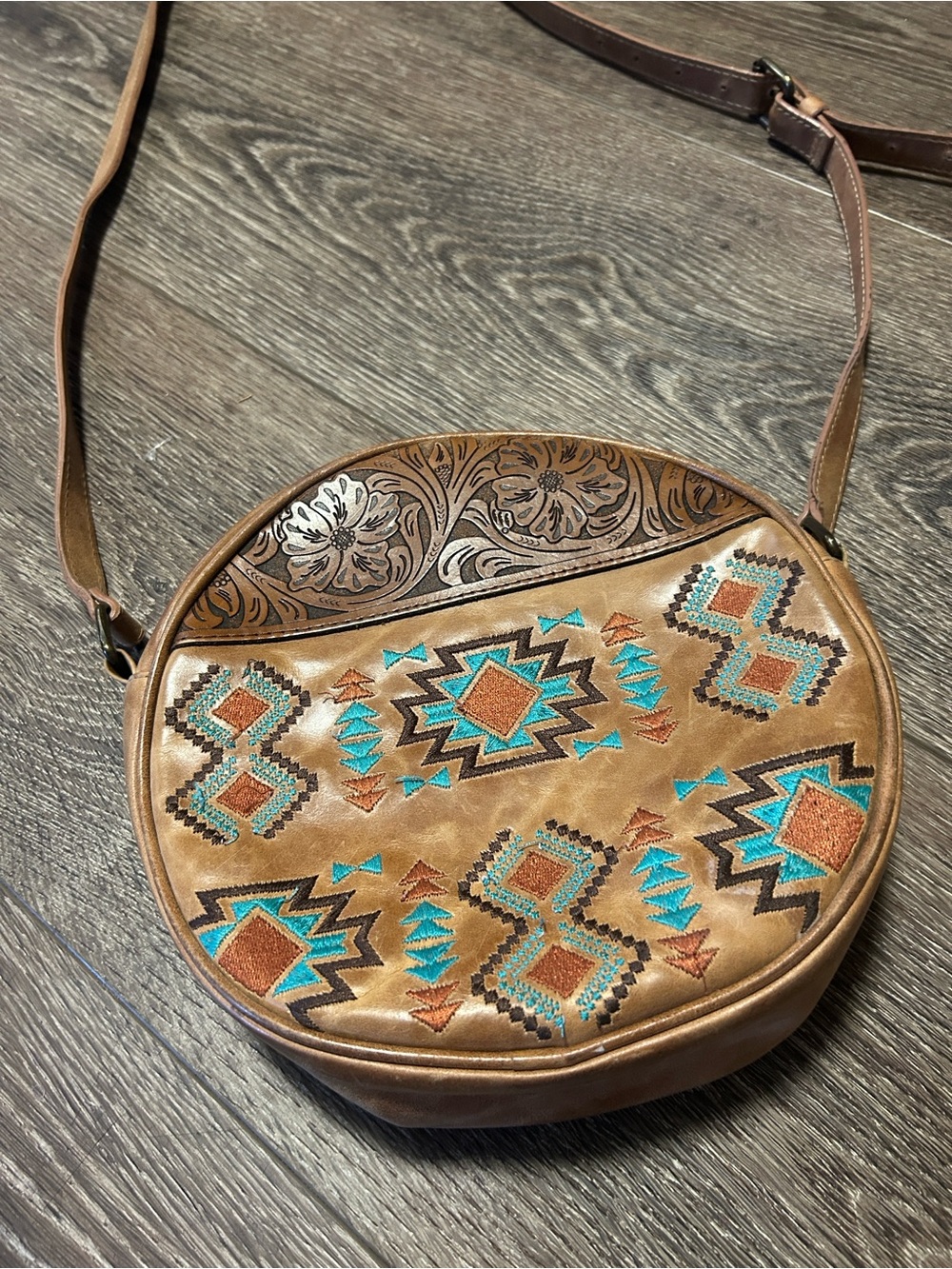Shyanne Tan Crossbody Bag with Turquoise & Rust Embroidery